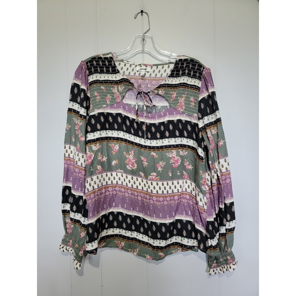 Maurices Womens Boho Floral Mixed Print Keyhole Tie Long Sleeve Top Purple M
